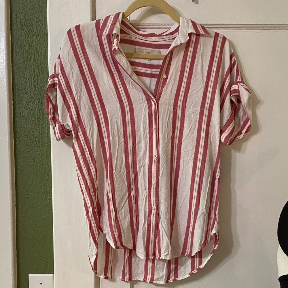 LOFT Casual Button-Front Red Stripe Women’s Top